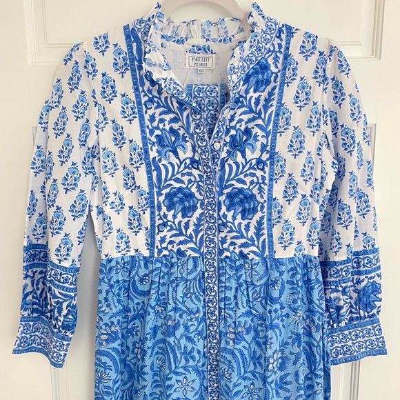 Pink City Prints Tuckernuck Blue Ocean Mix Gemma Block Print Midi Shirt Dress - Picture 11 of 16